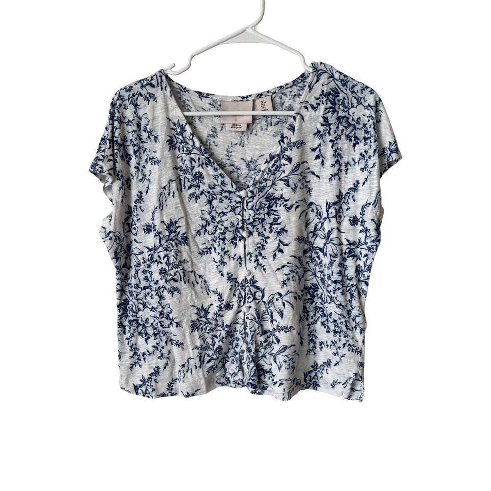 Laura Ashley Blue White Floral Toile Linen Blend Button Front V-Neck Top Small